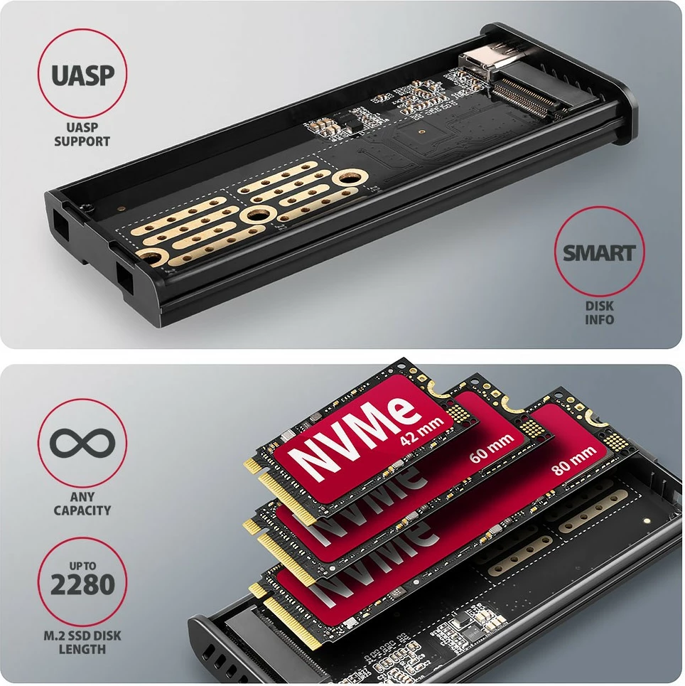 Zunanje računalniško ohišje za SSD AXAGON EEM2-SD2, M.2 NVMe/SATA, USB-A/C 3.2 Gen2, LCD zaslon, sivo