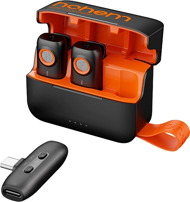 Brezžični mikrofon Hohem MIC-01_TypeC z 2 oddajnikoma, 1 sprejemnikom USB-C in polnilno škatlo, črno-oranžen