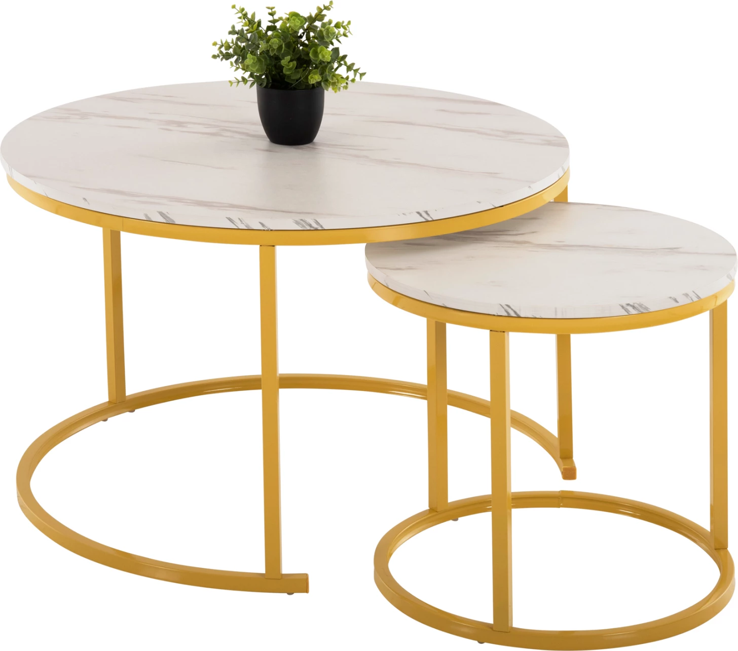 Set dveh kosov klubske mize MDF bela marmor zlata kovinske noge Φ80x48cm.FH8763.11