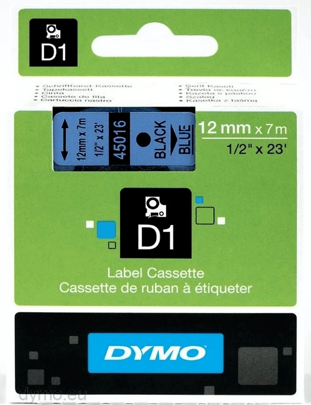 Etiketna kaseta Dymo D1 45016 / S0720560, 12 mm x 7 m, črno na modrem