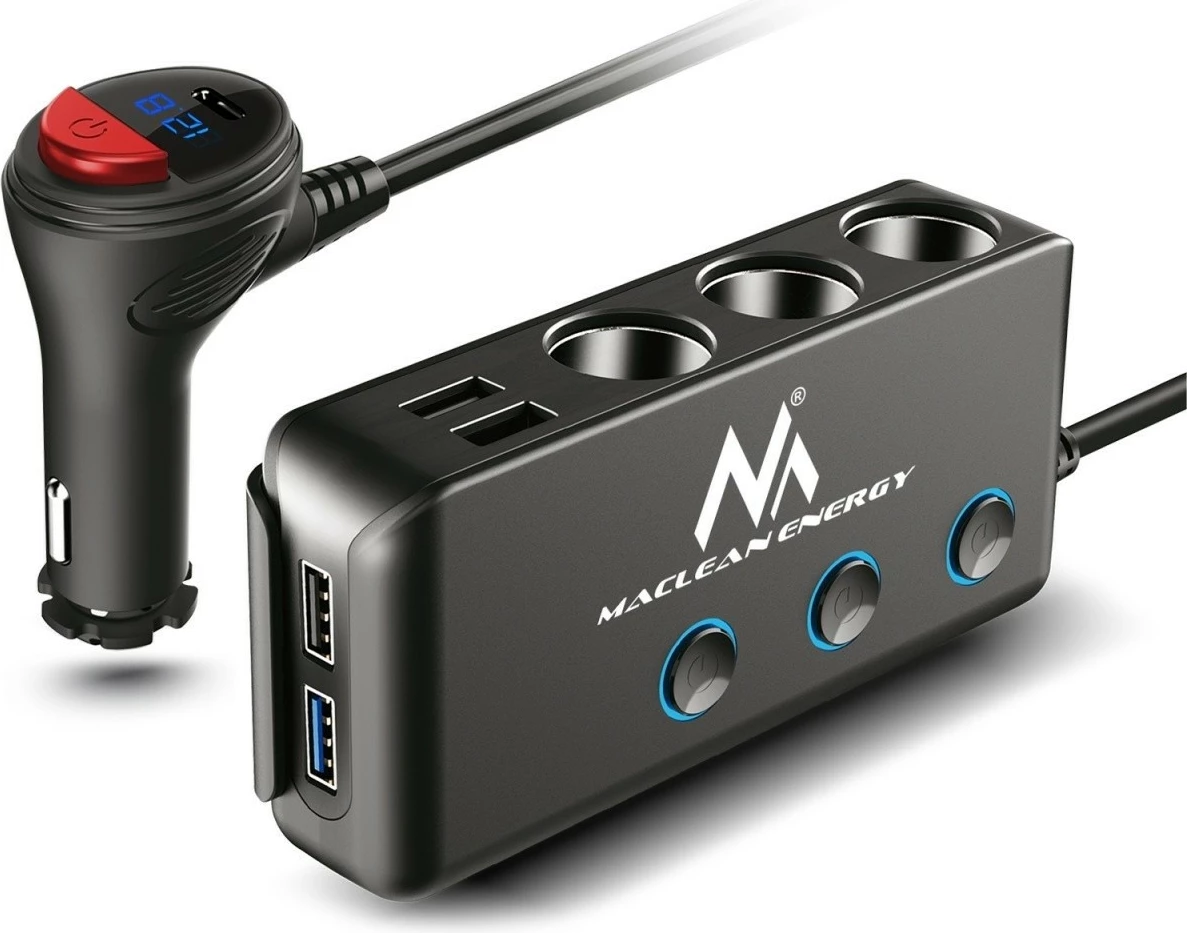 Razdelilec vtičnice cigaretnega vžigalnika Maclean MCE218, 4 vtičnice, 4×USB + USB-C, črn