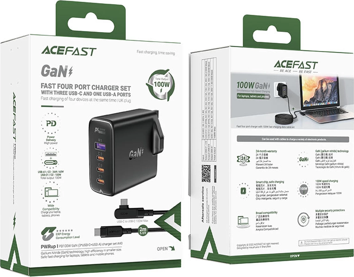Hitri zidni polnilec Acefast A40, 100 W, 3x USB-C, 1x USB-A, GaN, z USB-C kablom, UK vtič, črn