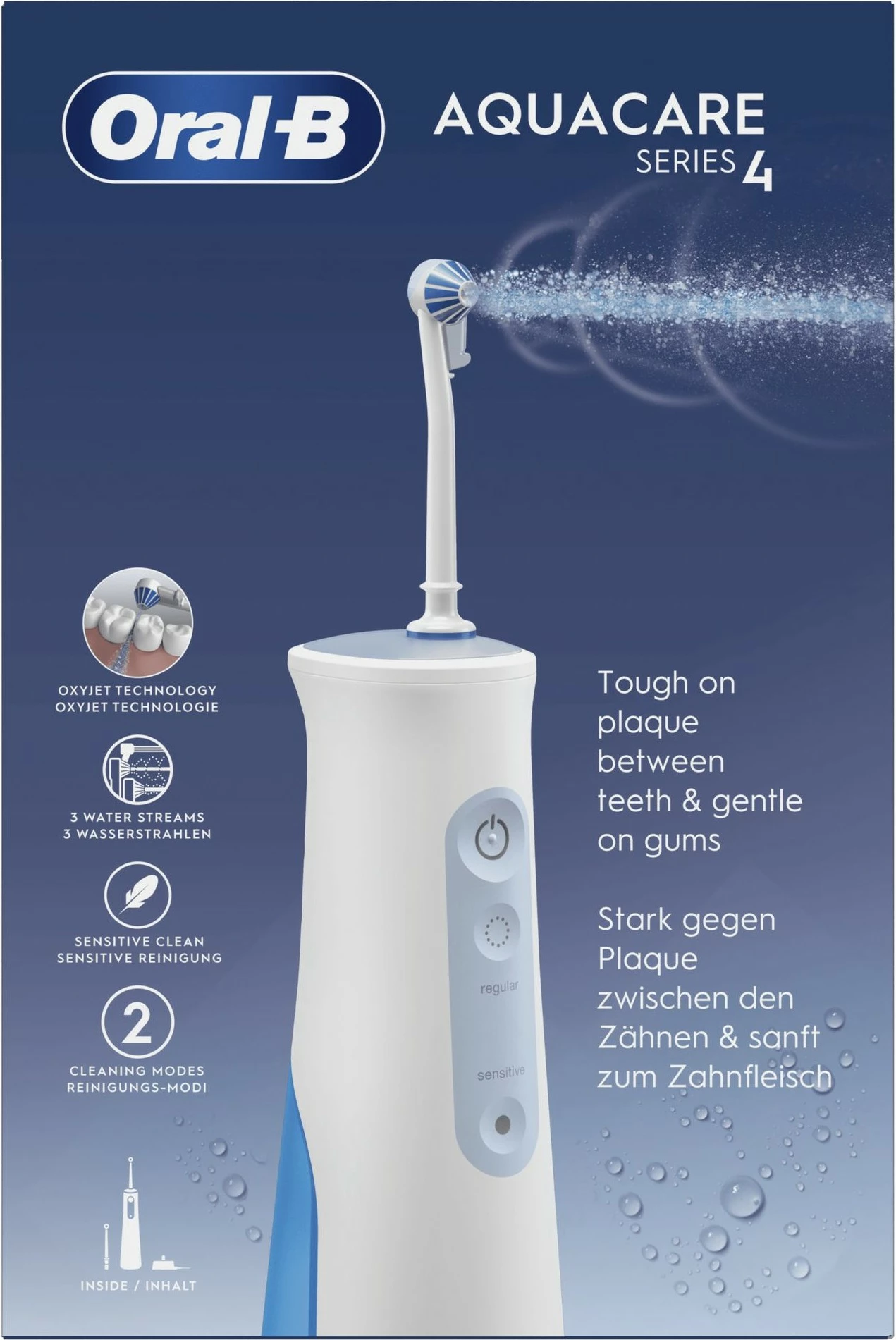 Irigator ustni brezžični z rotacijsko-oscilirajočo zobno ščetko Oral-B AquaCare 4, bel