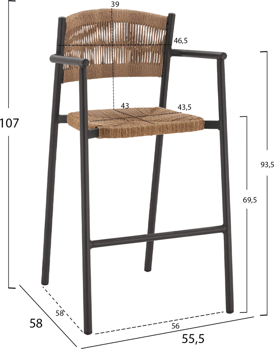 Aluminijasti barski stol z bež vrvjo FH5785.02 55,5x58x107 cm