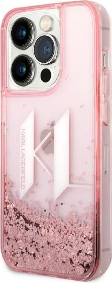 Zaščitni etui z bleščicami v tekočini, Karl Lagerfeld Liquid Glitter Big KL za iPhone 14 Pro 6.1", roza