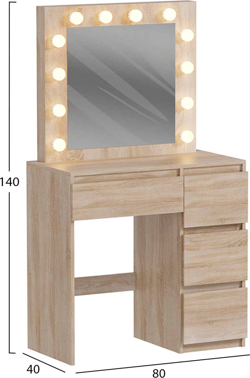 Miza za ličenje z LED lučmi in predali KEITLIN FH2499.01, melamin, sonoma, 80x40x140 cm
