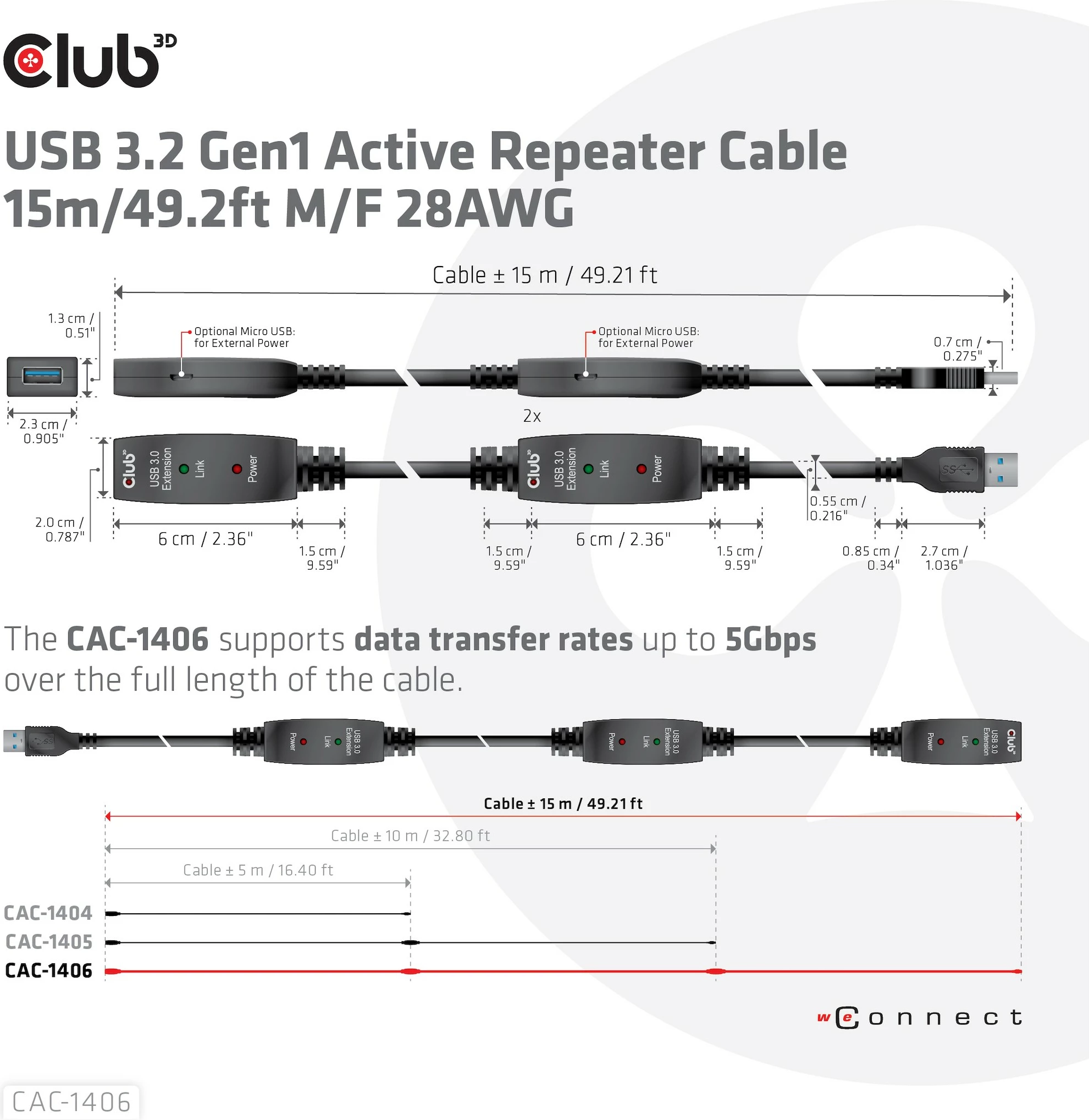 Podaljšek USB 15 m, USB 3.2 Club3D, črn