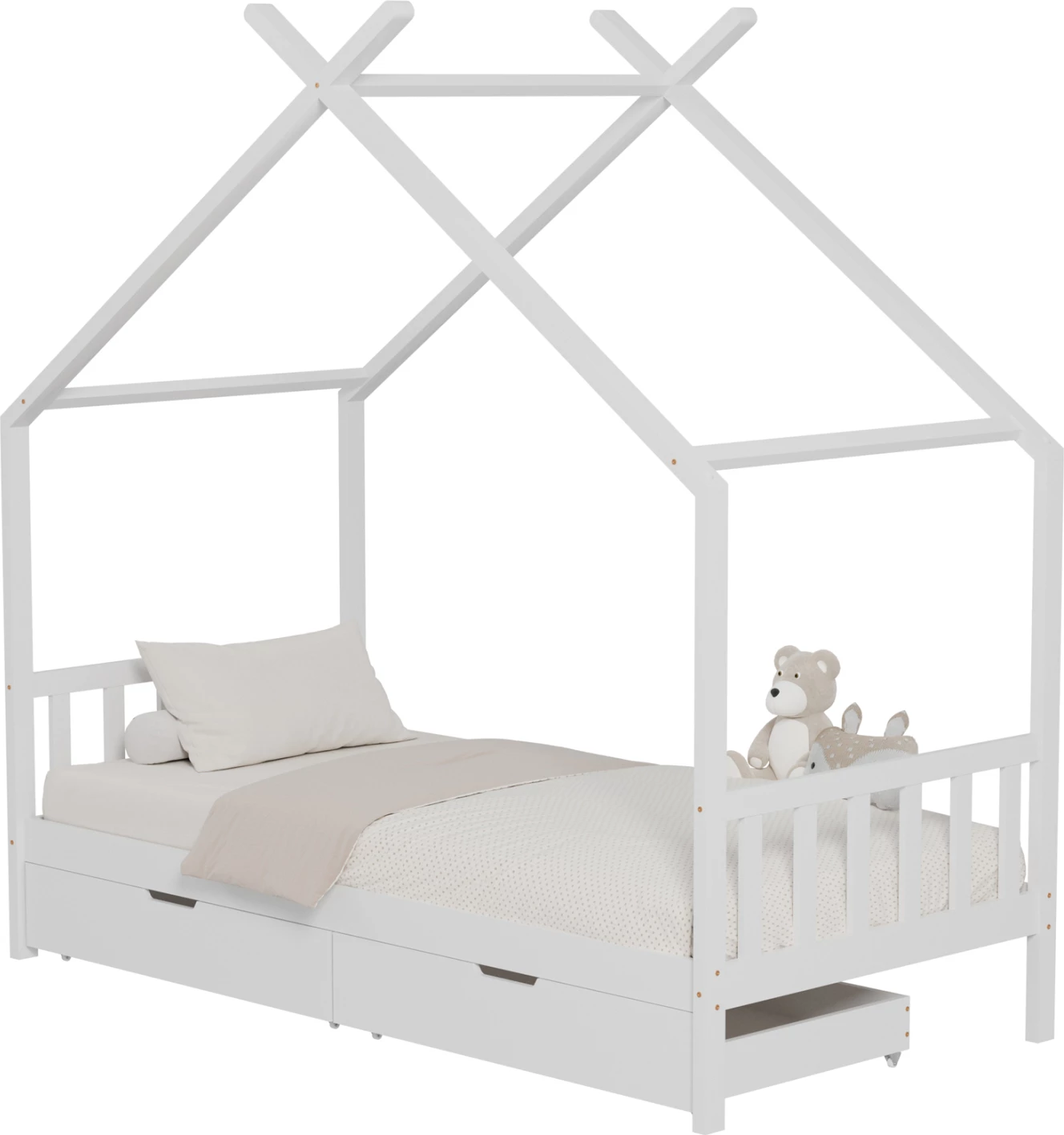 Postelja za otroke Klarice FH680.03 t.Montessori - 2 predala - masivni borov les v beli barvi - 190x90 cm