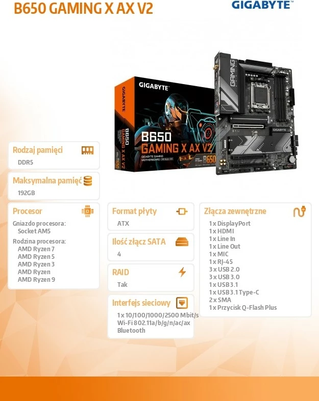Matična plošča B650 GAMING X AX V2 Gigabyte, Socket AM5, ATX, 4x DDR5, Wi‑Fi 6E, črna