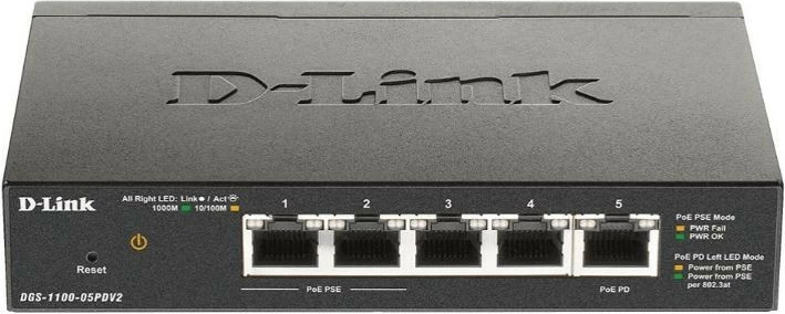 Pameten stikalo D-Link DGS-1100-05PDV2, 5 vrat Gigabit, 2x PoE, črno