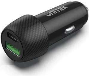Avtomobilski polnilec Unitek, 38 W USB-A USB-C QC3.0, črn