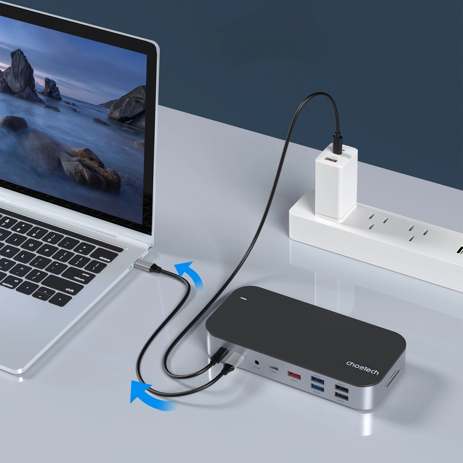 Večfunkcijski HUB Choetech HUB-M52, USB-C, HDMI, VGA, DP, SD, RJ45, siva