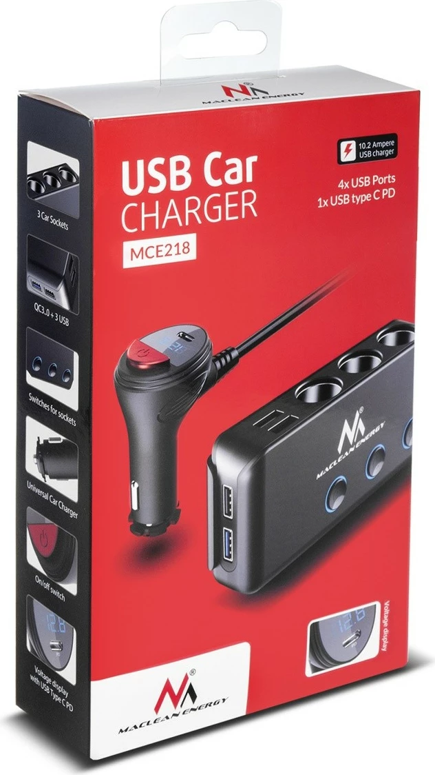 Razdelilec vtičnice cigaretnega vžigalnika Maclean MCE218, 4 vtičnice, 4×USB + USB-C, črn