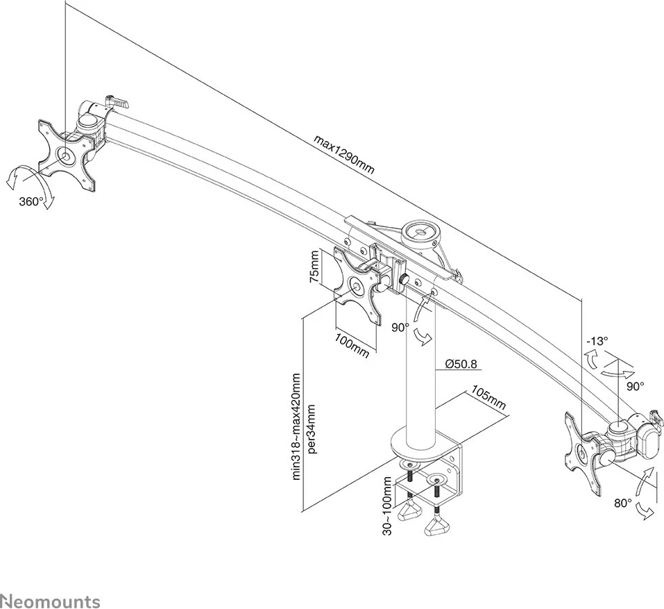Nosilec za monitor za mizo Neomounts FPMA-D700D3, s sponko, 8 kg, 10"-27", črn
