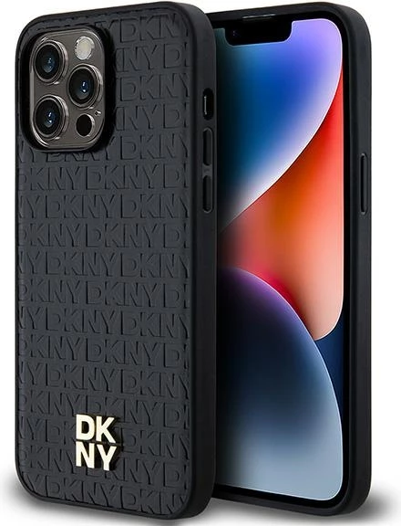 Ovitek iz ekološkega usnja z monogram vzorcem in kovinskim logotipom DKNY, MagSafe, za iPhone 14 Pro Max, črn