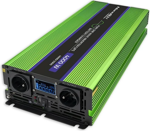 Konverter/pretvornik napetosti 12V v 230V, čist sinus, LCD, Qoltec Monolith 51943, 2000W/4000W, zelen