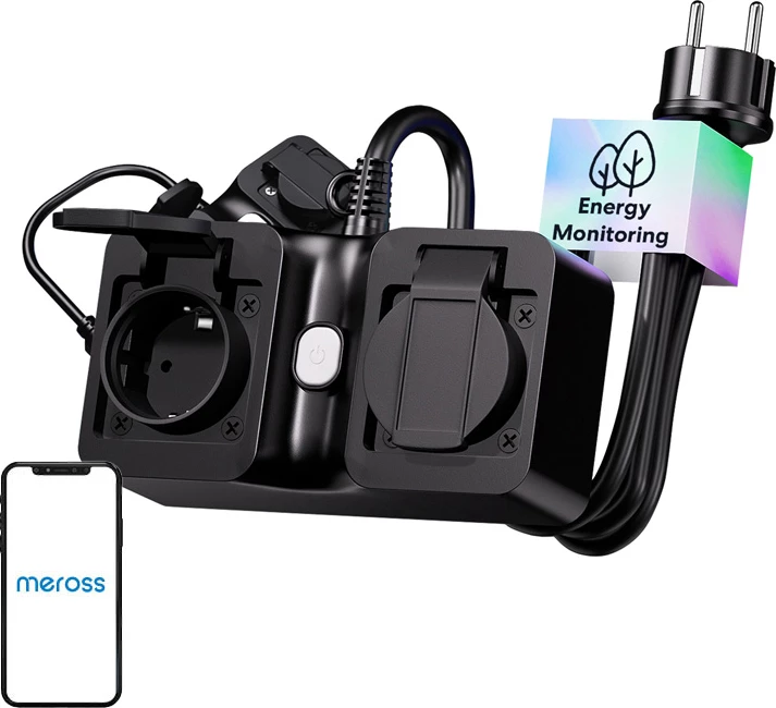 Pameten zunanji podaljšek Wi‑Fi, Meross MOP320MA-EU, 2 posamezno krmiljena vtičnici, Matter, IP44, 16 A 3680 W, kabel 1,5 m, črn