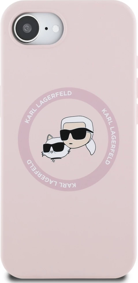 Ovitek za telefon iz silikona z motivom Karl & Choupette, MagSafe, roza — Karl Lagerfeld za iPhone 16e