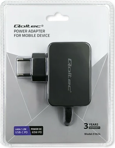 Stenski polnilec Qoltec 51024, 65 W, USB Type-C, črn