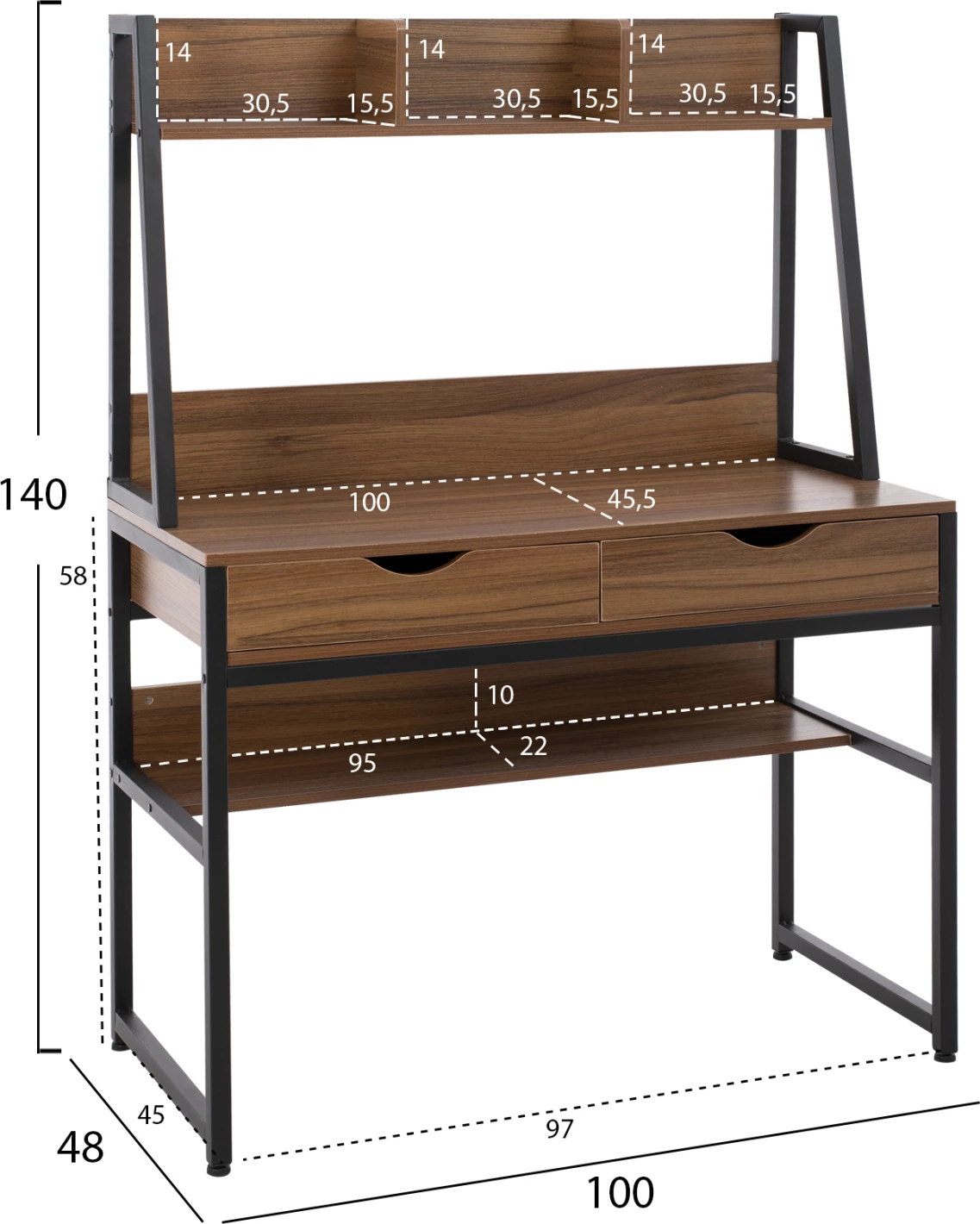 Pisarna z knjižno omaro FH2390.12 melamin v barvi oreha in črni kovinski okvir 100x48x139H cm