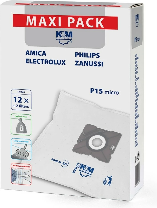 Vrečke za sesalnik (sintetične) K&M P15/maxi, 12 kosov + 2 filtra, za Amica, Philips, Electrolux, Zanussi