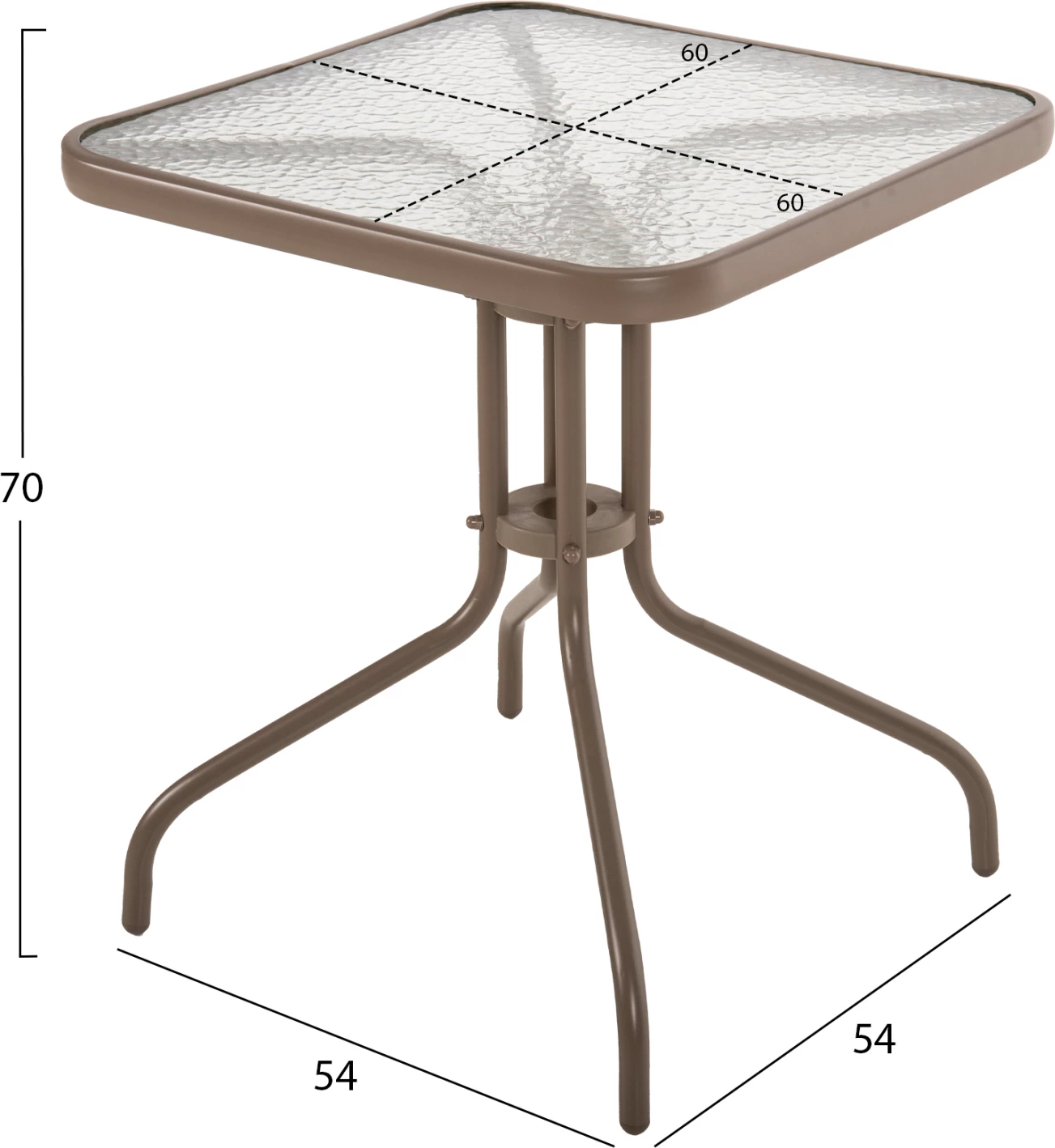 Zunanji kvadratni miza FIGO FH5035.04 v barvi šampanjca kovinsko-steklena plošča 60Χ60Χ70Hcm
