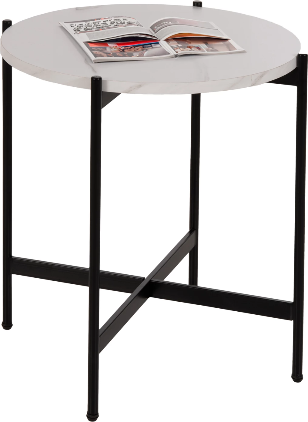 Stranska miza FH9589.05 MDF bela marmor-črna kovinska osnova Φ50x55Hcm