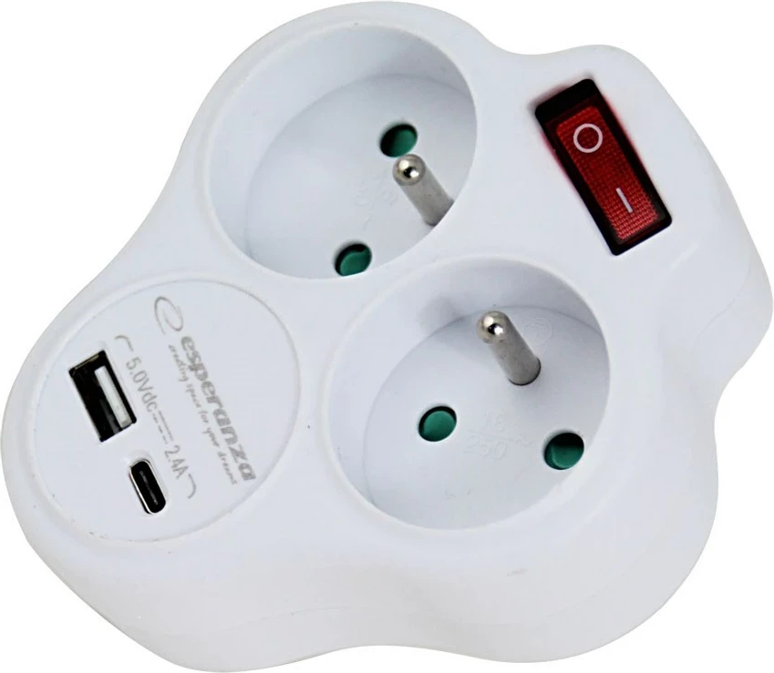 Električni razdelilec Esperanza ELK311W, 2 AC vtičnici, USB-A, USB-C, bel