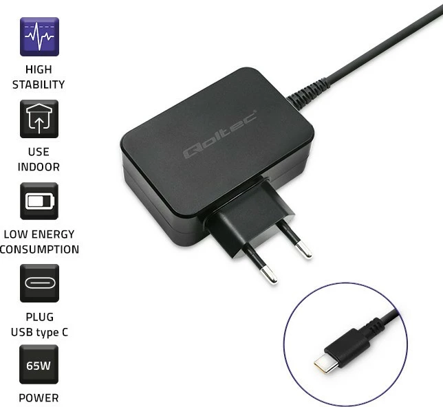 Stenski polnilec Qoltec 51024, 65 W, USB Type-C, črn