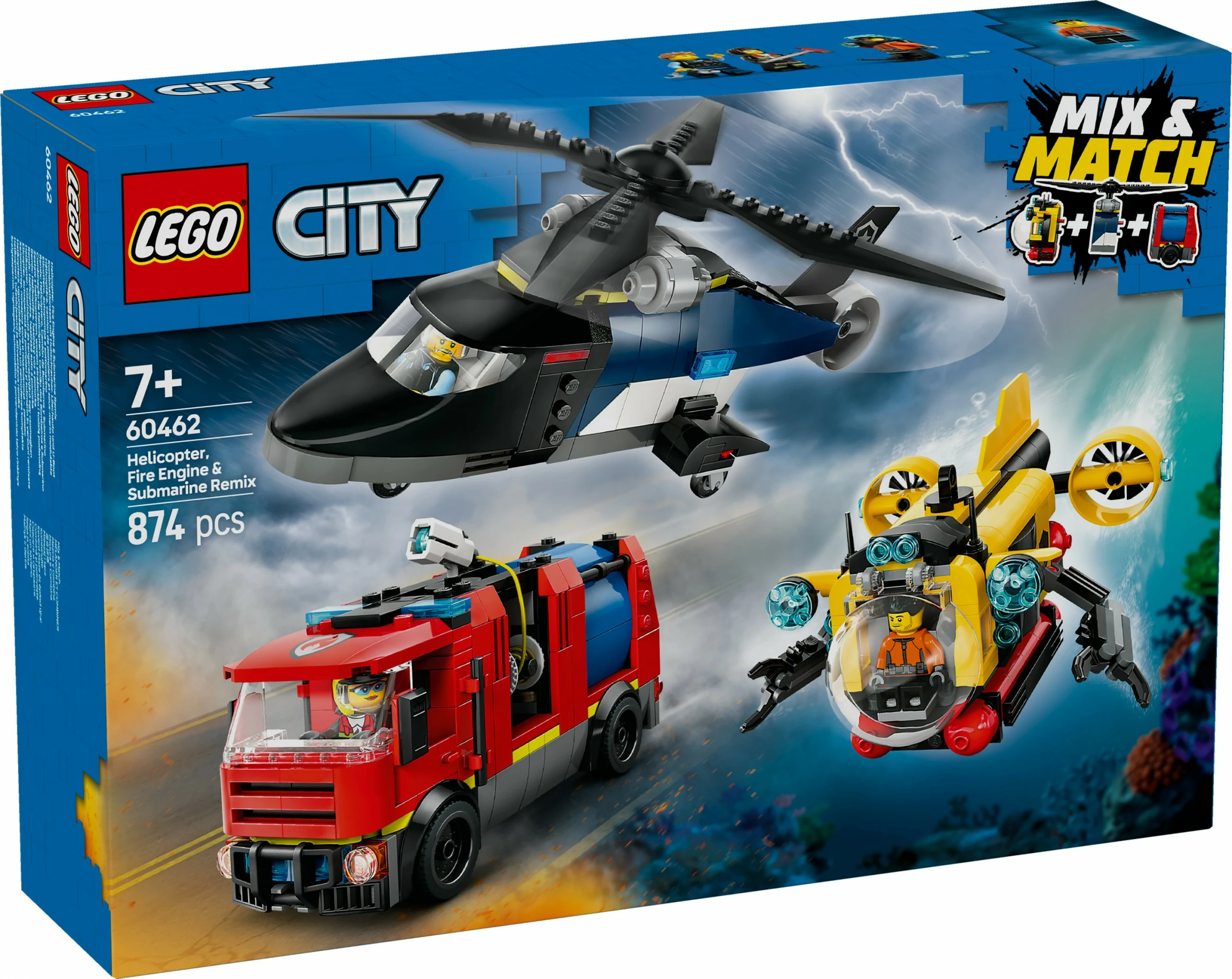 Igriv gradbeni set z 874 kosi, helikopter, gasilsko vozilo, podmornica LEGO City 60462, večbarven