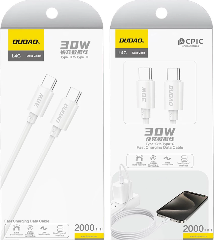 Kabel USB-C na USB-C Dudao L4C, 2 m, 30 W, bel