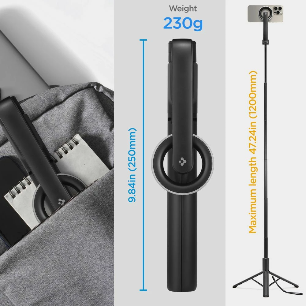 Selfie palica s MagSafe, Bluetooth, zložljiv tronožec Spigen S580W, črn