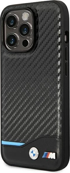 Ovitek iz usnja s karbonsko tkanino, BMW, za iPhone 14 Pro 6,1\" , črn