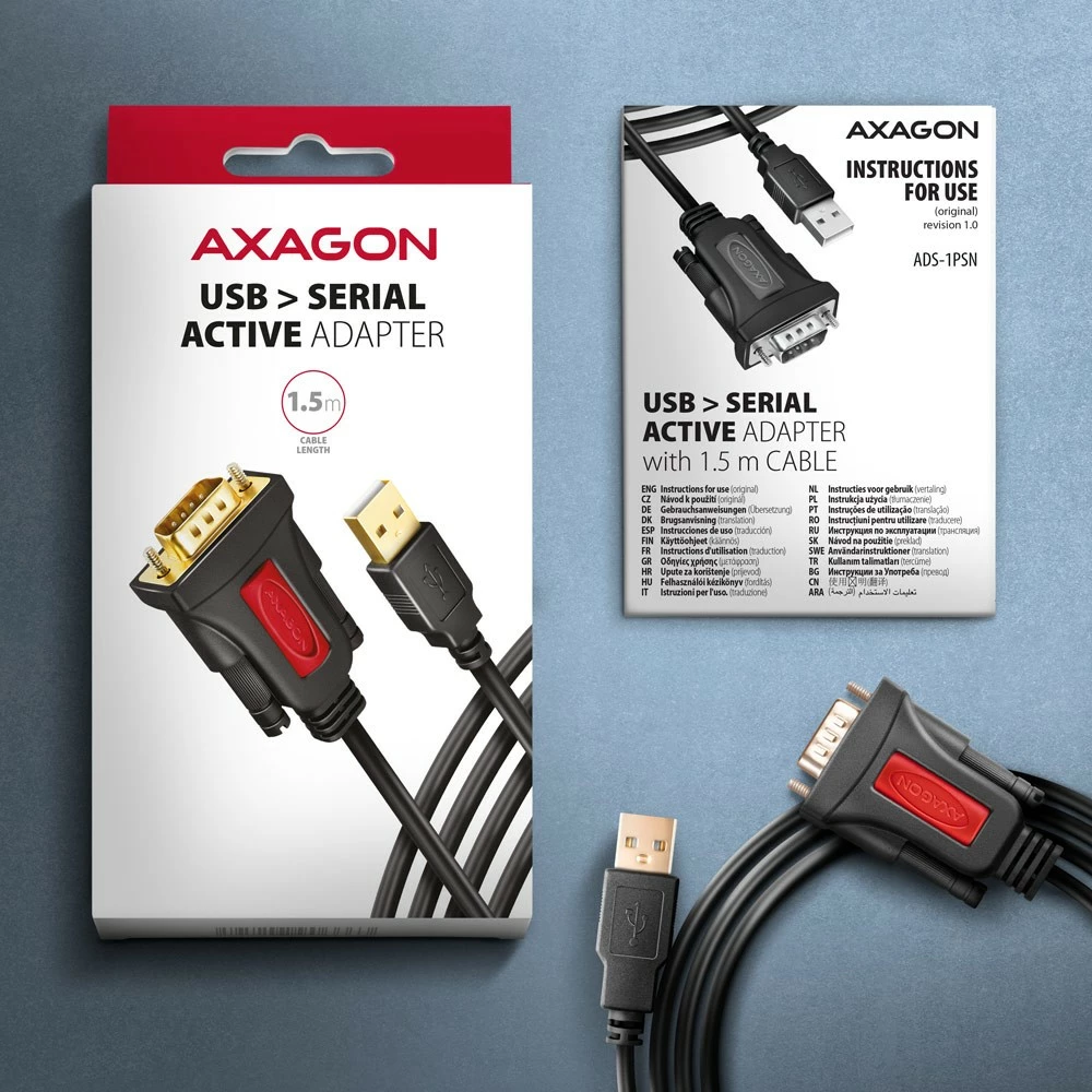 Adapter USB na RS-232, 1,5 m, čip Prolific, črn - AXAGON ADS-1PSN