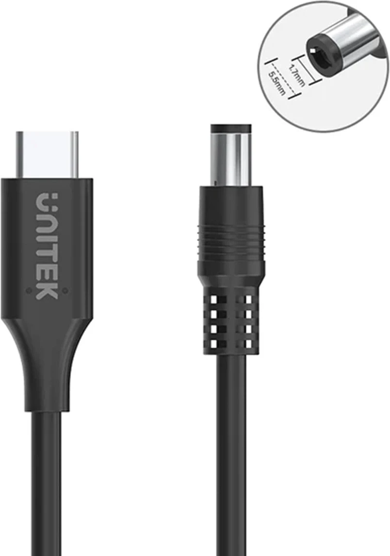 Napajalni kabel za prenosnik, Unitek 65W USB-C na DC5,5, črn (za Acer)