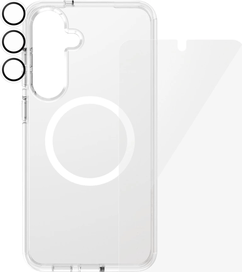 Ovitek za telefon z zaščitnim steklom in zaščito leče, PanzerGlass CARE Flagship 3in1 za Samsung Galaxy S25+, prozoren