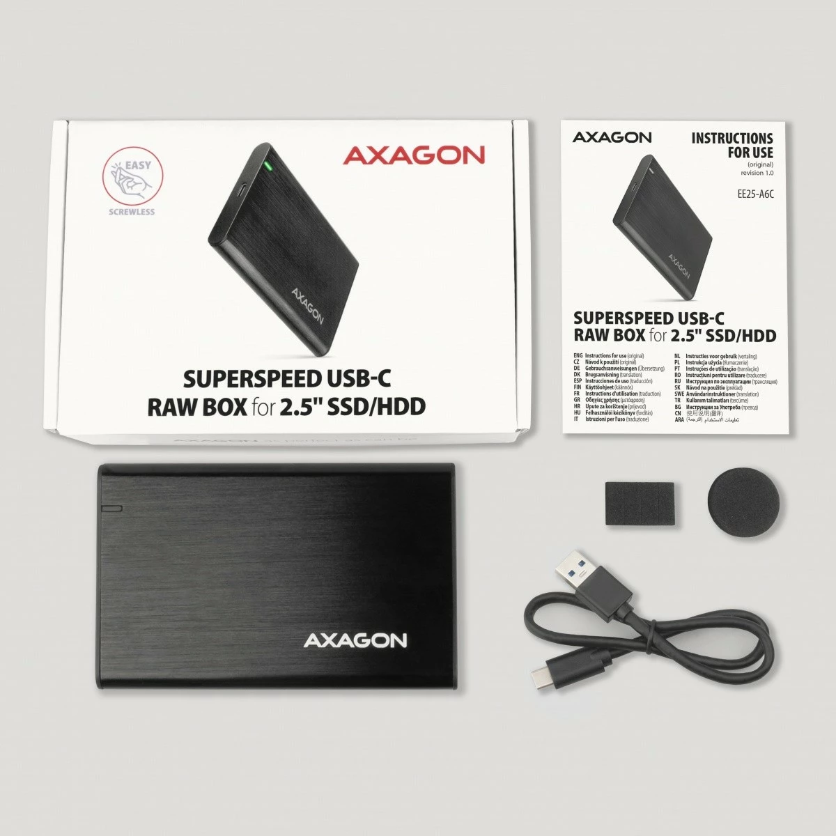 Zunanji ohišje za SSD/HDD 2,5" AXAGON EE25-A6C, USB-C 3.2 Gen 1, aluminij, karbon