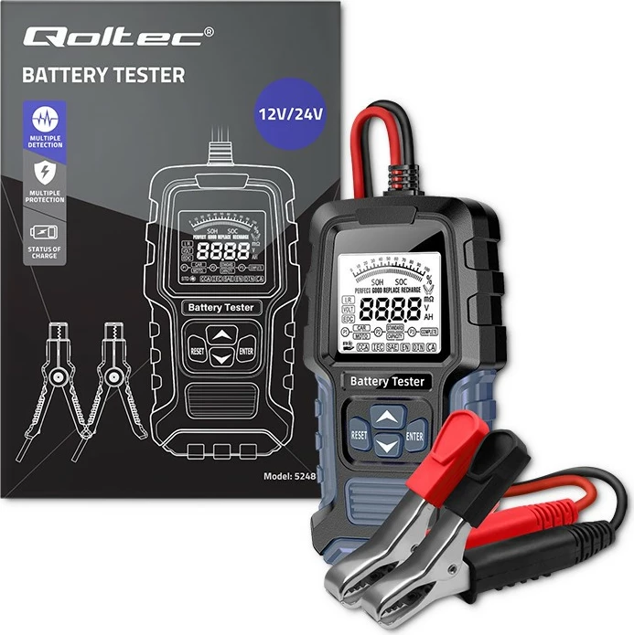 Tester baterije Qoltec 52487, digitalni, LCD, 12V/24V, 3Ah–250Ah, črno/moder