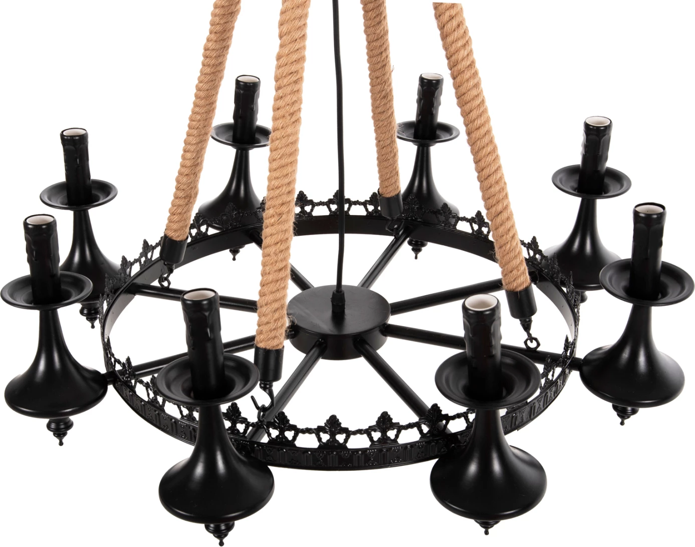 Stropna viseča svetilka z 8 lučmi FH4169 črna kovina-vrv Φ66x131Hcm