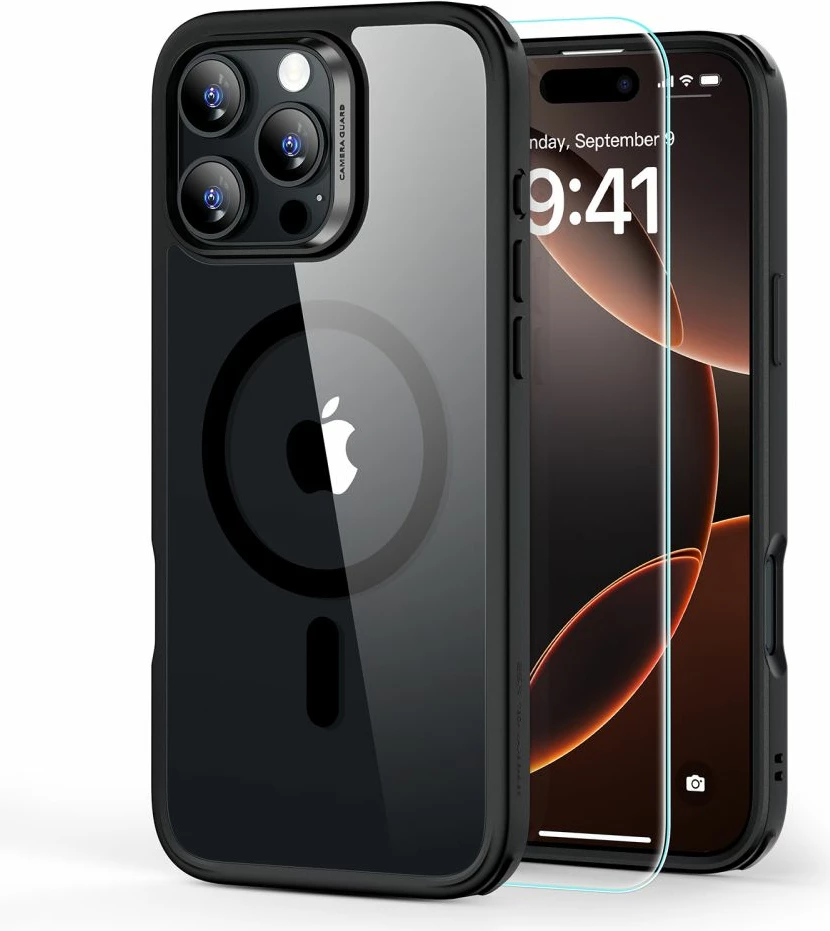 Ovitek za telefon ESR Classic Hybrid HaloLock z MagSafe + kaljeno steklo za iPhone 16 Pro Max, prozoren s črnim okvirjem