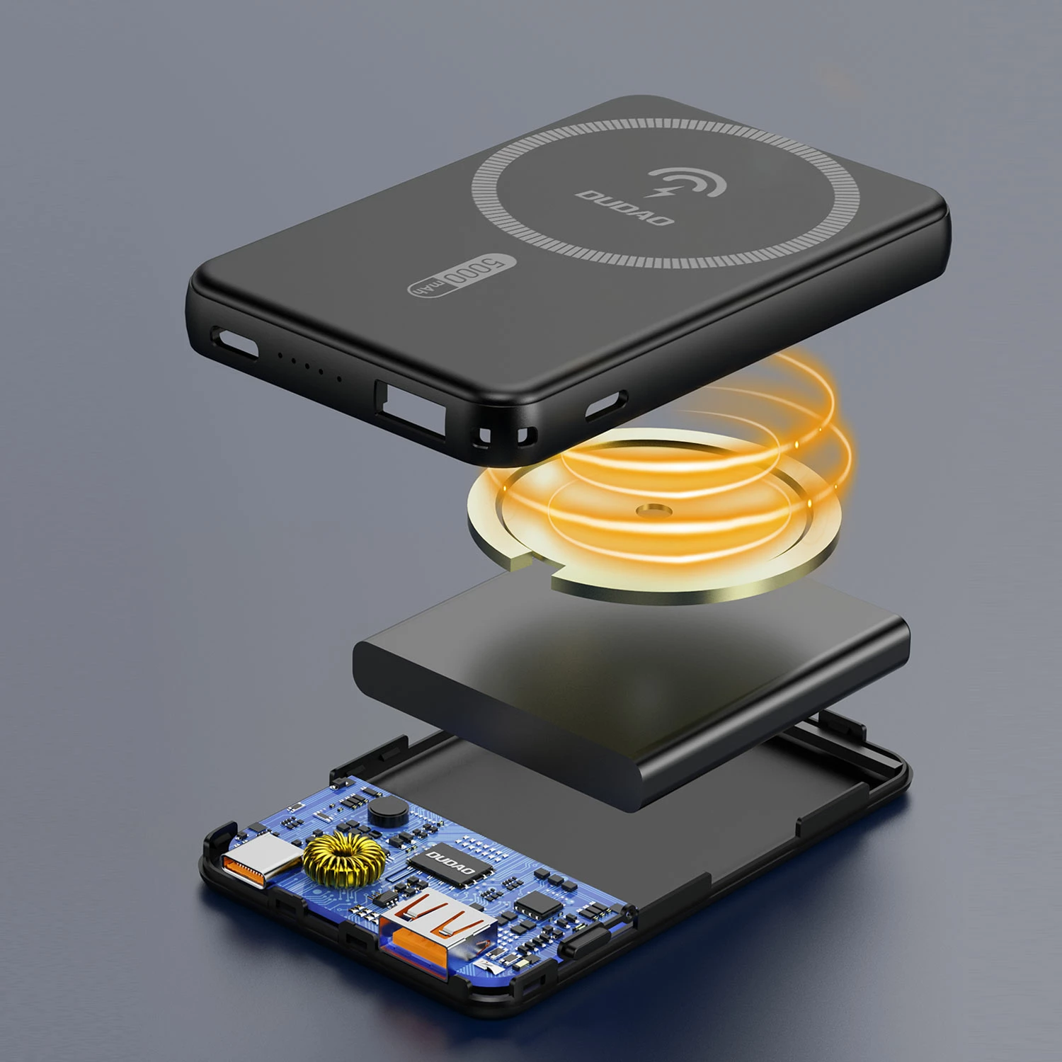 Zunanji akumulators 5000mAh Dudao K14S, MagSafe, USB-C/USB-A, črn