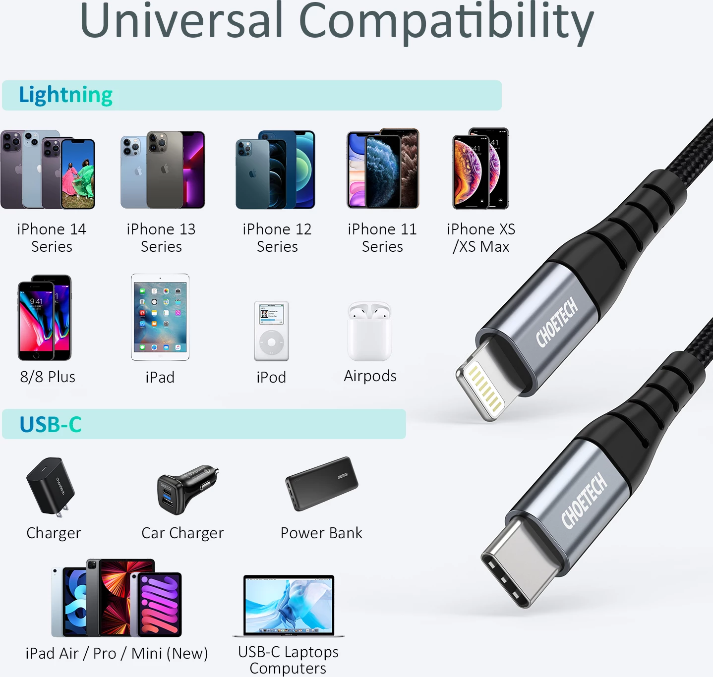 Kabel USB-C na Lightning Choetech IP0039, 1,2 m, črn