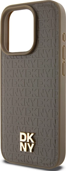 Ovitek z monogramom iz usnja, kovinski logotip, MagSafe za iPhone 15 Pro — DKNY, rjav