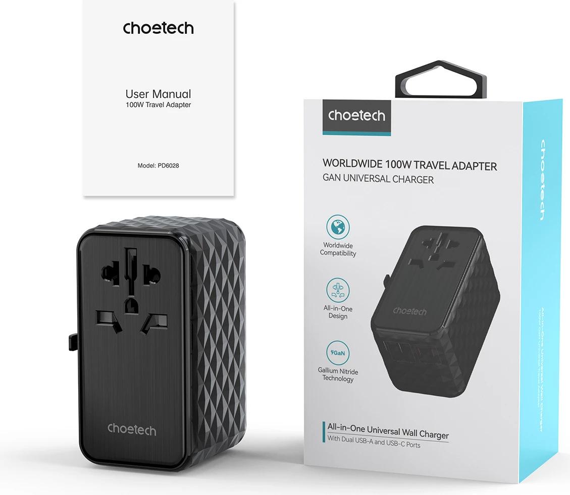 Potovalni adapter Choetech PD6028, 4 USB vhodi (2x USB-C, 2x USB-A), 100W, črn