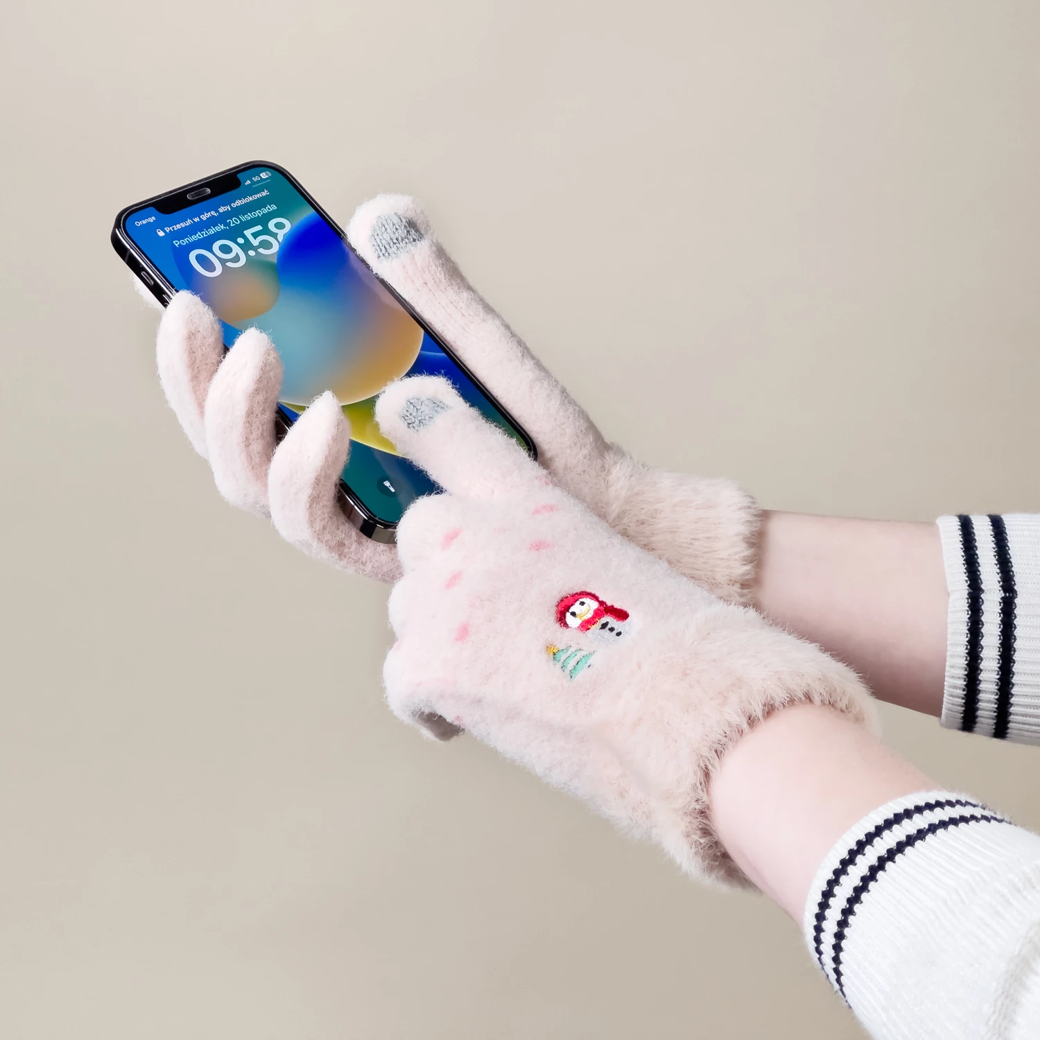 Zimske rokavice za ženske Hurtel, z zaslonom na dotik, vzorec snežinke in božično drevo, bež