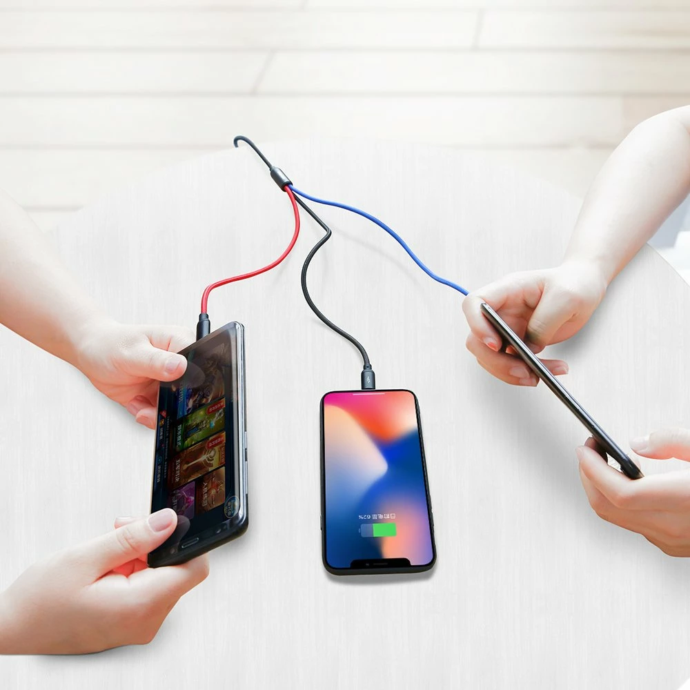 Kabel 3-v-1 v treh osnovnih barvah, Baseus Three Primary Colors CAMLT-BSY01, 1,2 m, USB-A na micro USB/Lightning/USB-C, črn/rdeč/moder