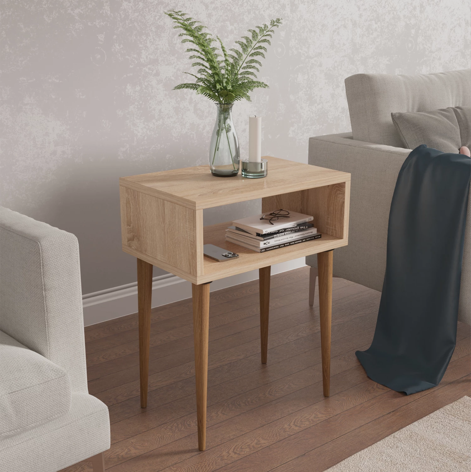 Nočna omarica TODD FH18183.03 melamin v sonama-barvi, noge v barvi naravnega lesa 45x30x58Hcm