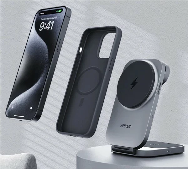 Brezžični 3-v-1 polnilec AUKEY LC-MC312 MagSafe Qi2, 15W + PD 30W, siv, s torbico za prenašanje