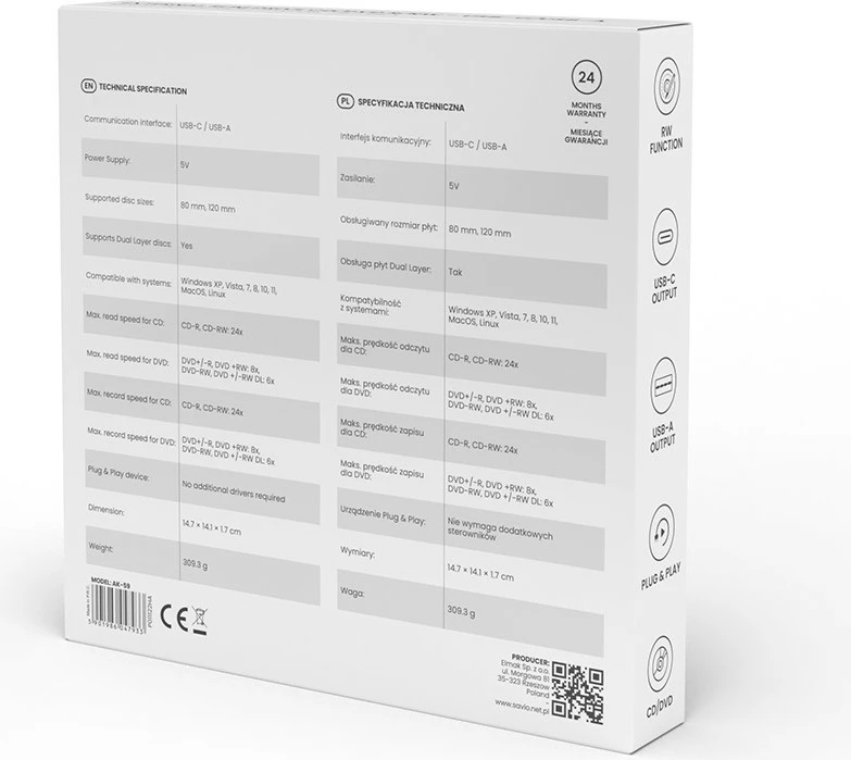 Zunanji CD/DVD bralnik/pisec Savio AK-59, USB-C/USB-A, črn