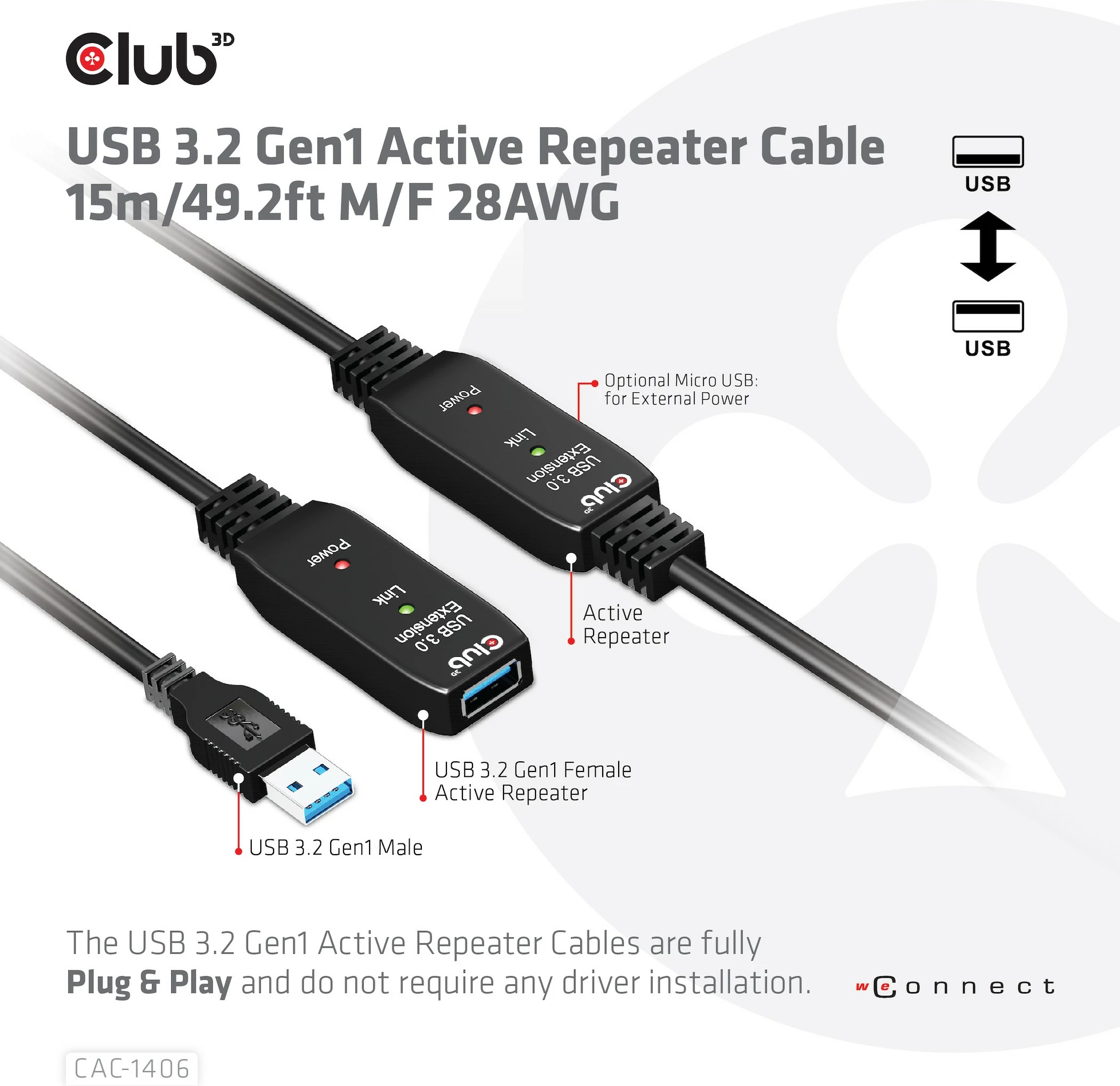 Podaljšek USB 15 m, USB 3.2 Club3D, črn